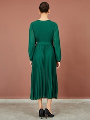 Yumi Green Pleated Wrap Midi Dress With Sheer Long Sleeves - Image 5 of 5