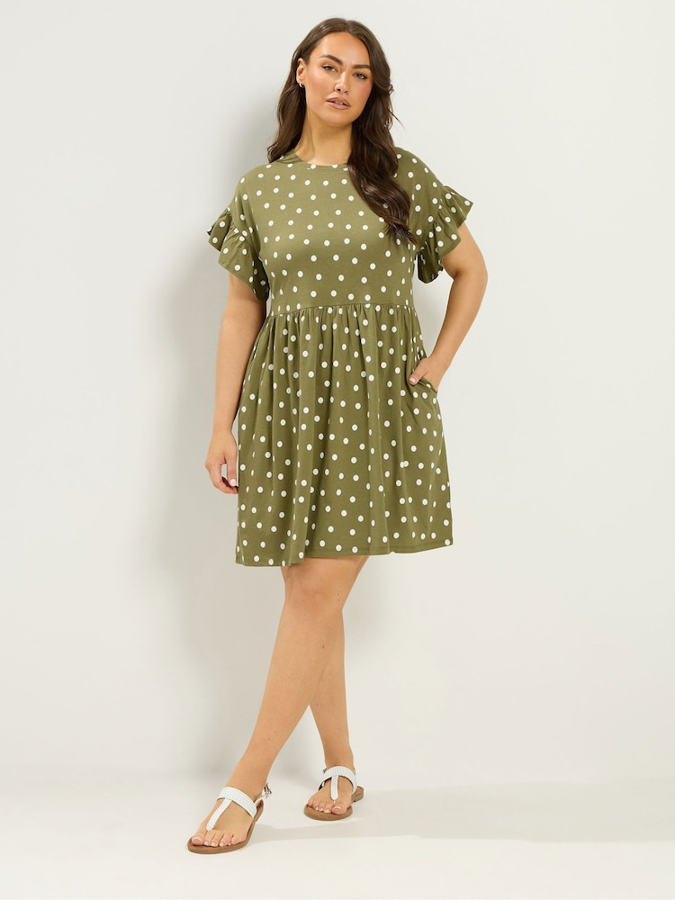 Yours Curve Green Frill Sleeve Tunic Dress - Image 2 of 5 Yours Curve Green Frill Sleeve Tunic Dress - Image 2 of 5