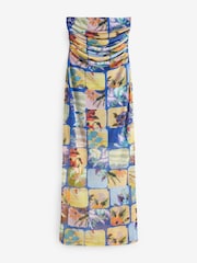 Blue Patched Crochet Print Ruched Bandeau Mesh Maxi Dress - Image 1 of 6