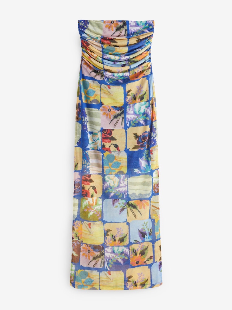 Blue Patched Crochet Print Ruched Bandeau Mesh Maxi Dress - Image 1 of 6