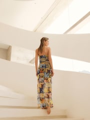 Blue Patched Crochet Print Ruched Bandeau Mesh Maxi Dress - Image 3 of 6