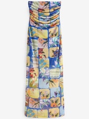 Blue Patched Crochet Print Ruched Bandeau Mesh Maxi Dress - Image 5 of 6