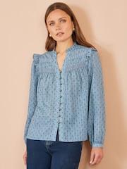 Yumi Blue Cotton Lace Detail Shirt - Image 1 of 4