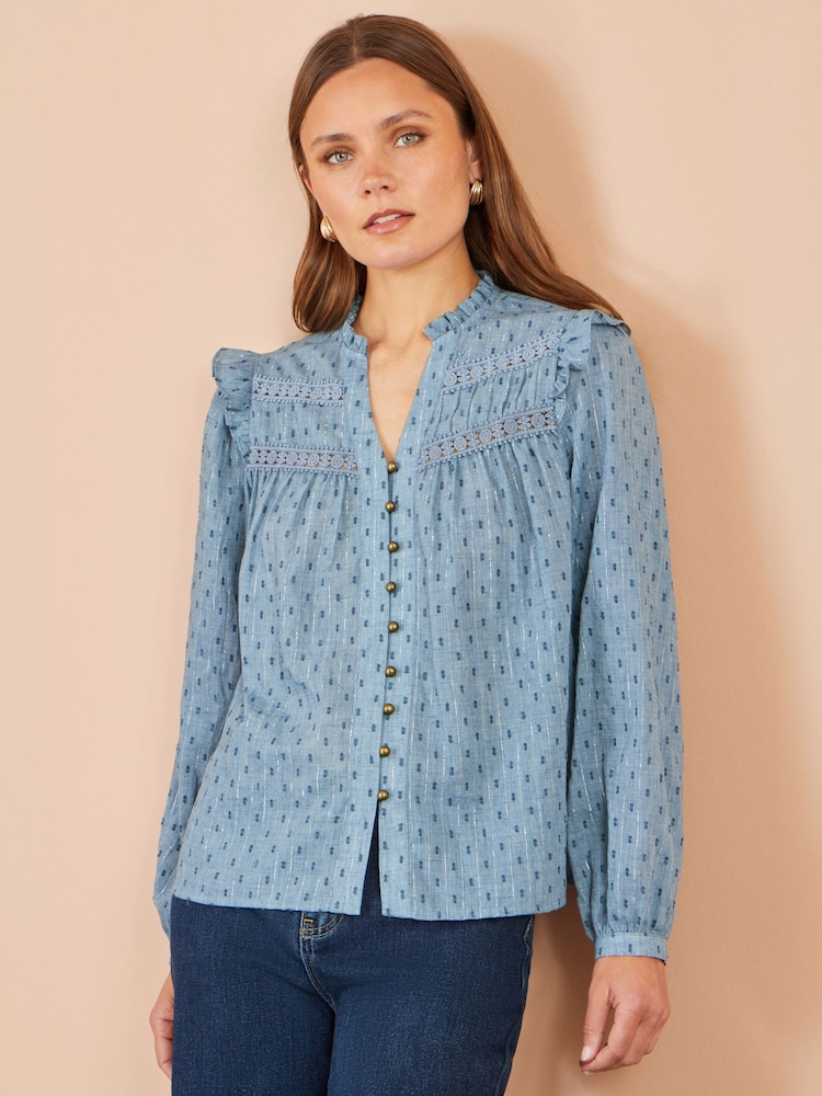 Yumi Blue Cotton Lace Detail Shirt - Image 1 of 4 Yumi Blue Cotton Lace Detail Shirt - Image 1 of 4