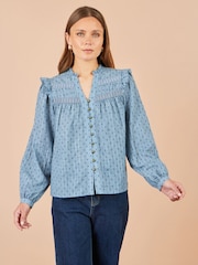 Yumi Blue Cotton Lace Detail Shirt - Image 4 of 4