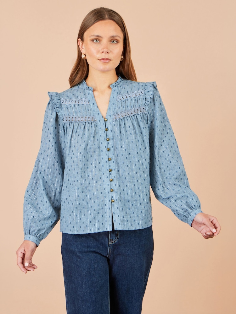 Yumi Blue Cotton Lace Detail Shirt - Image 4 of 4 Yumi Blue Cotton Lace Detail Shirt - Image 4 of 4