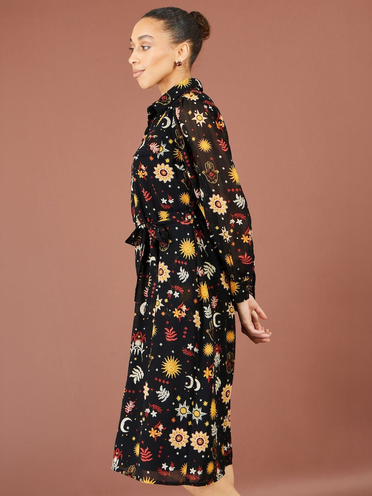 Yumi Black Cosmic Midi Shirt Dress - Image 1 of 5 Yumi Black Cosmic Midi Shirt Dress - Image 1 of 5