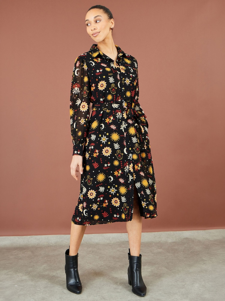 Yumi Black Cosmic Midi Shirt Dress - Image 2 of 5 Yumi Black Cosmic Midi Shirt Dress - Image 2 of 5