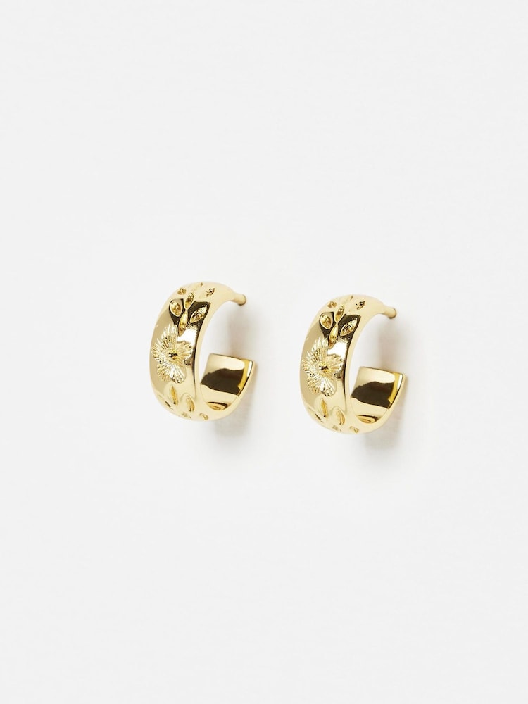 Oliver Bonas Gold Tone Sarah Floral Vintage Engraving Hoop Earrings - Image 2 of 5