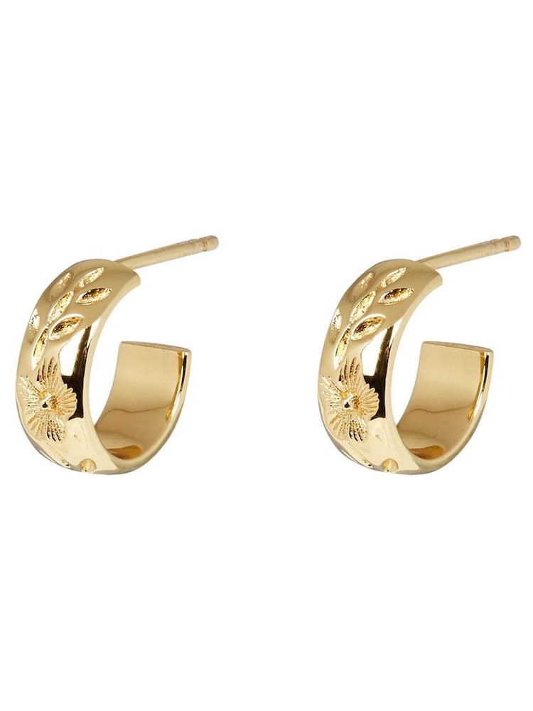 Oliver Bonas Gold Tone Sarah Floral Vintage Engraving Hoop Earrings - Image 5 of 5