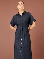 Yumi Blue Stretch Midi Shirt Dress - Image 2 of 5