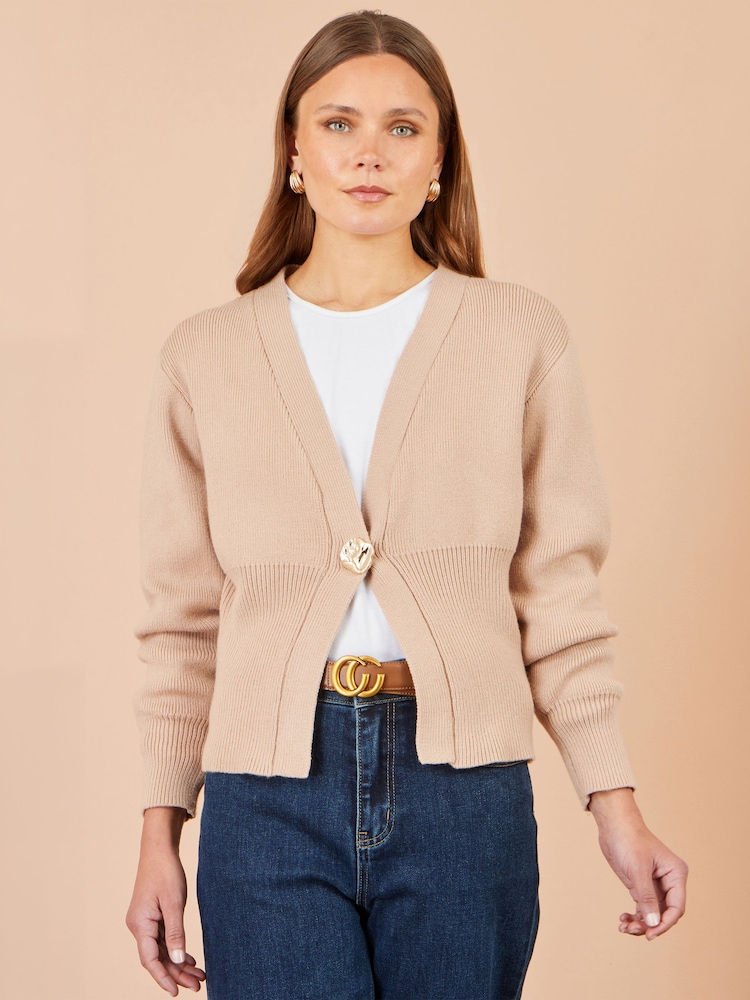 Yumi Natural Knitted Button Cardigan - Image 1 of 4 Yumi Natural Knitted Button Cardigan - Image 1 of 4