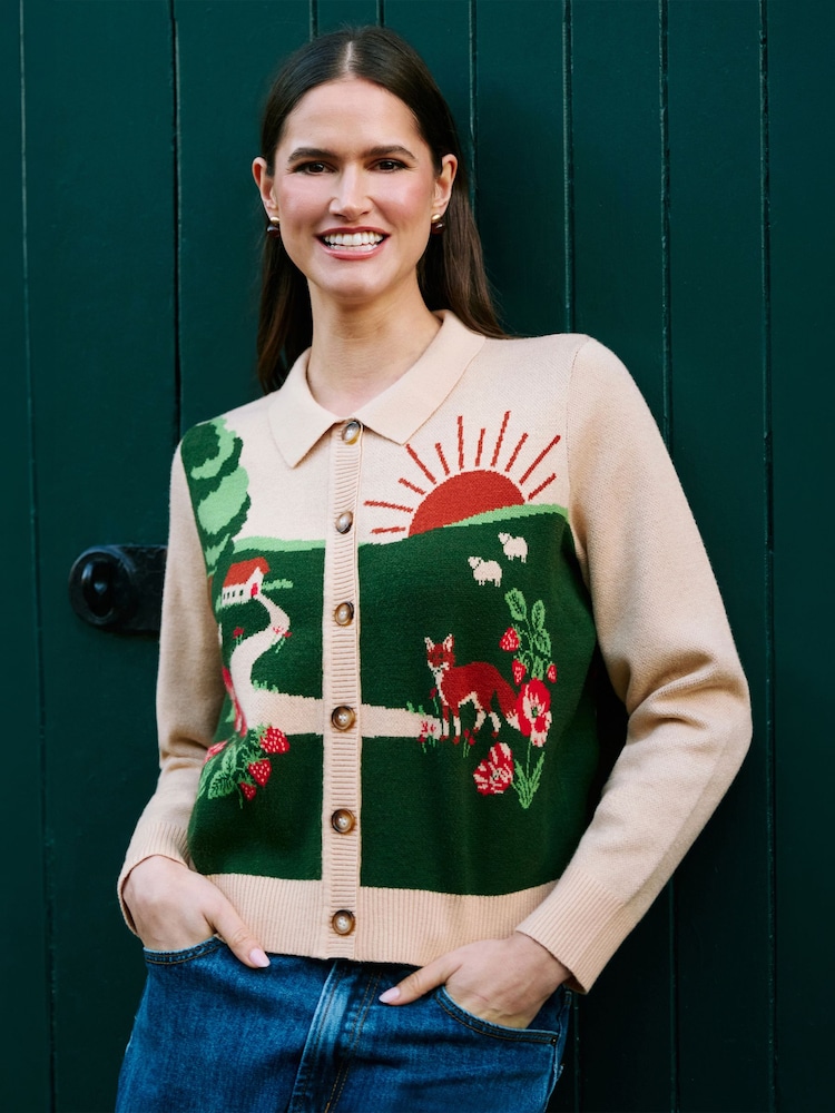 Yumi Natural Fox Scene Knitted Box Cardigan - Image 1 of 5 Yumi Natural Fox Scene Knitted Box Cardigan - Image 1 of 5