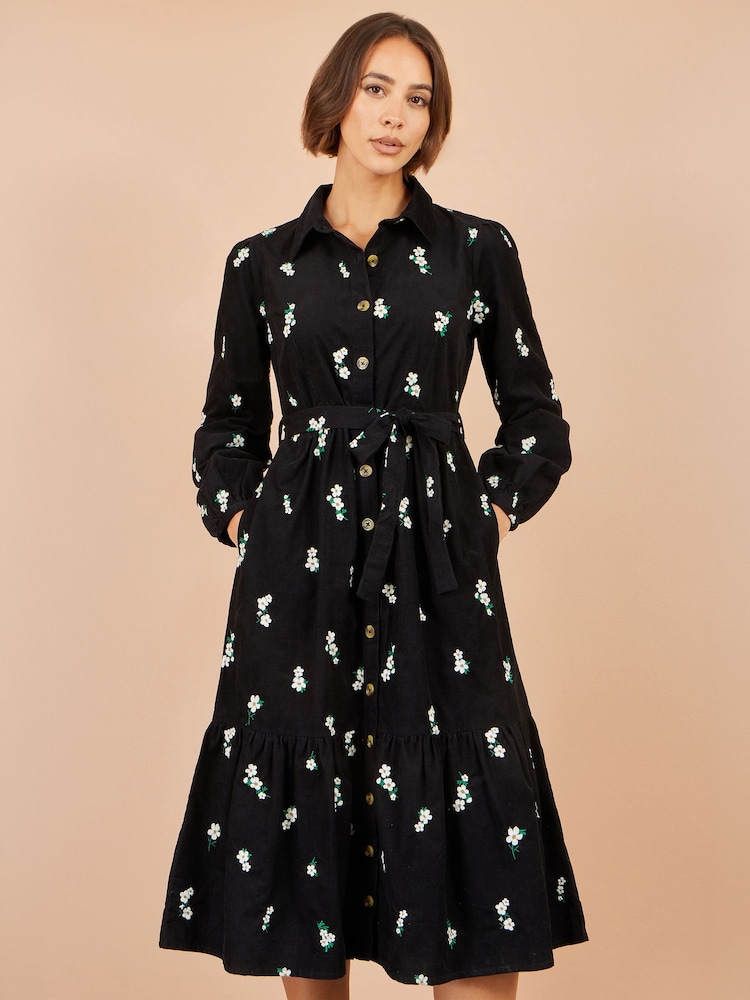 Yumi Black Daisy Embroidered Cord Shirt Dress - Image 1 of 5 Yumi Black Daisy Embroidered Cord Shirt Dress - Image 1 of 5