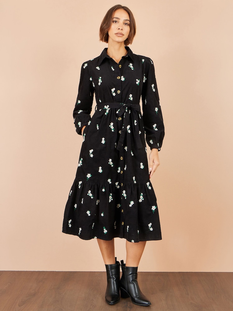 Yumi Black Daisy Embroidered Cord Shirt Dress - Image 2 of 5 Yumi Black Daisy Embroidered Cord Shirt Dress - Image 2 of 5
