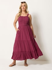 Yours Curve Red Shirred Placket Dress - Image 1 of 5