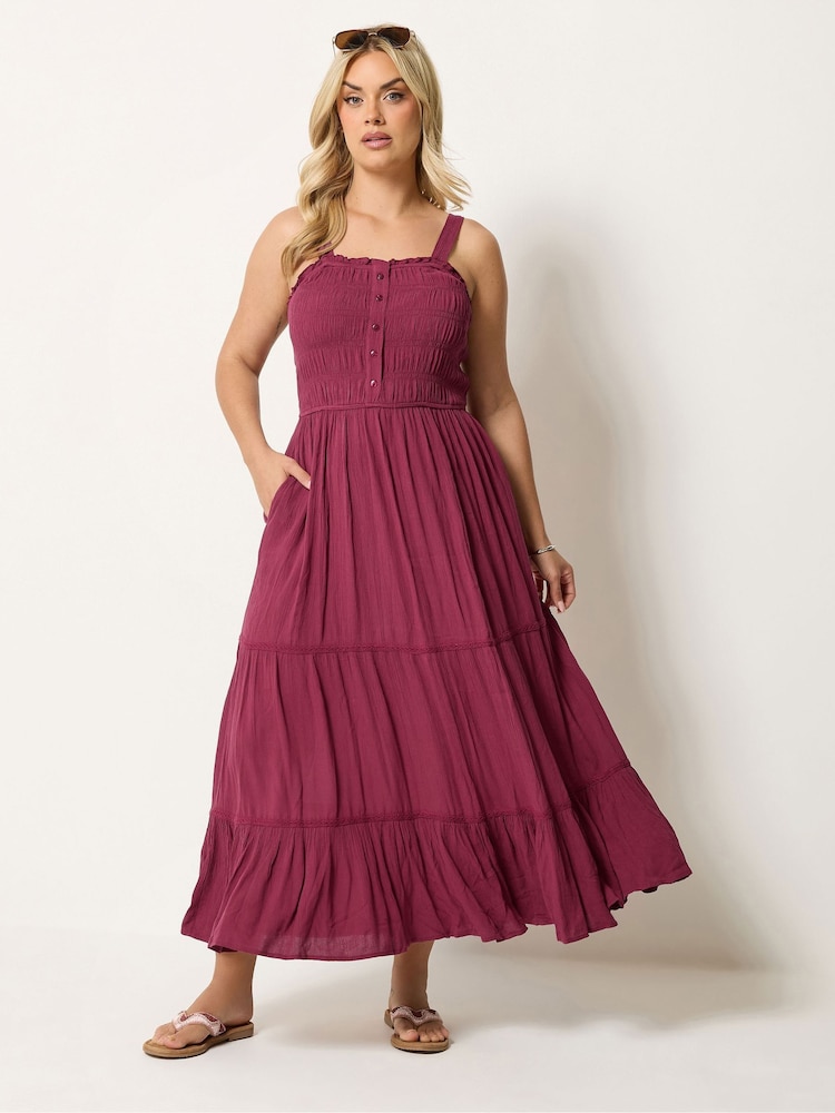 Yours Curve Red Shirred Placket Dress - Image 1 of 5