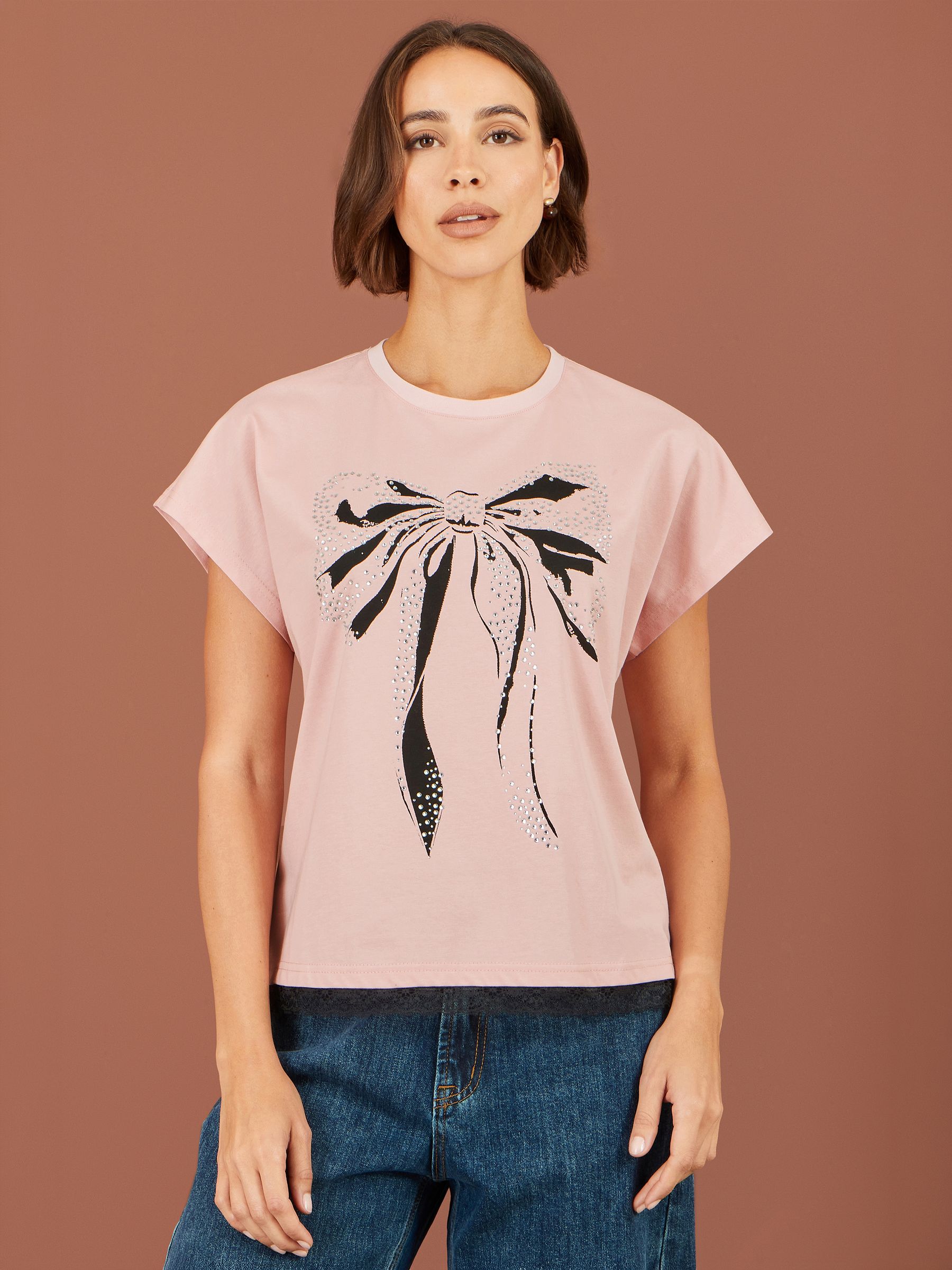 Yumi Women's Bow T-Shirt With Lace in Pale Pink | Size: 18 - Image 1