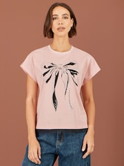 Yumi Pink Bow T-Shirt With Lace - Image 1 of 5