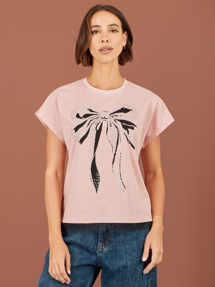 Yumi Pink Bow T-Shirt With Lace - Image 1 of 5 Yumi Pink Bow T-Shirt With Lace - Image 1 of 5