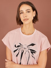 Yumi Pink Bow T-Shirt With Lace - Image 3 of 5