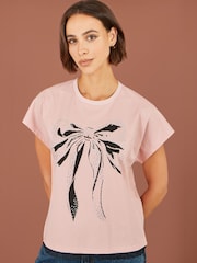 Yumi Pink Bow T-Shirt With Lace - Image 4 of 5