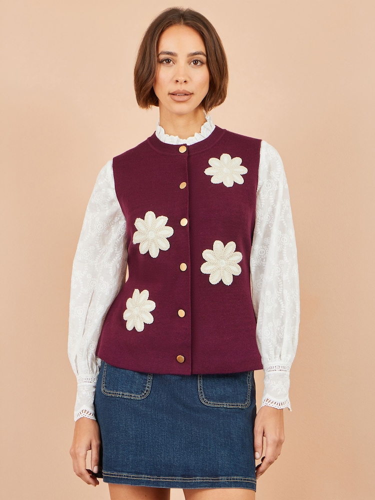 Yumi Red Flower Appliqué Knit Waistcoat - Image 1 of 4 Yumi Red Flower Appliqué Knit Waistcoat - Image 1 of 4