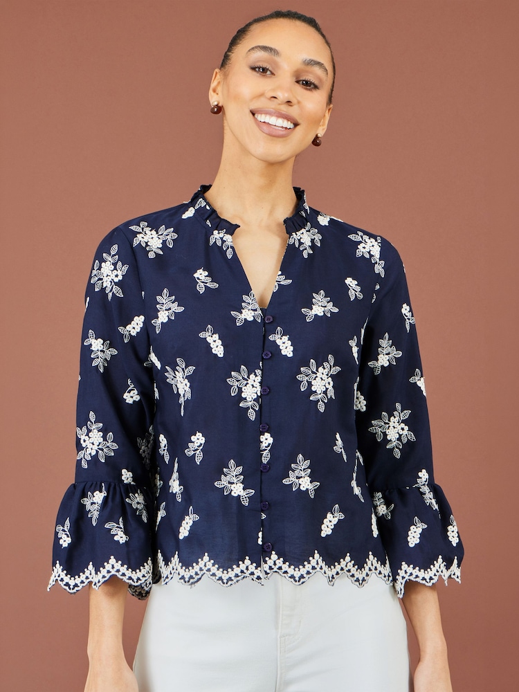 Tumši zils - Yumi Cotton Fluted Sleeve Broderie Shirt - Attēls 1 no 5