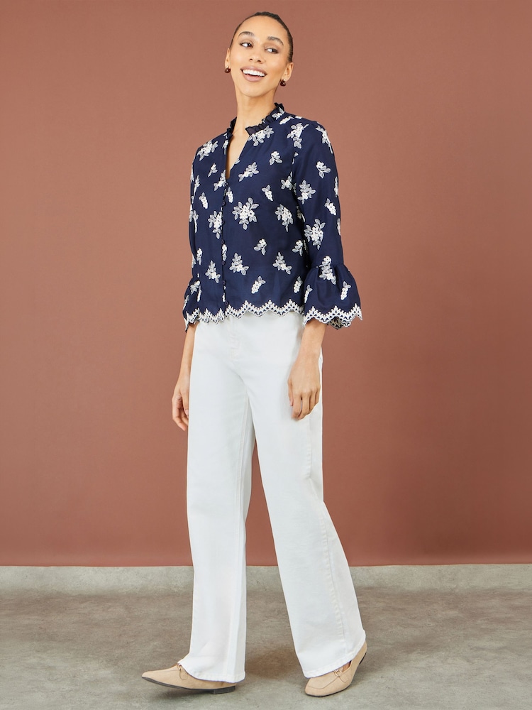 Tumši zils - Yumi Cotton Fluted Sleeve Broderie Shirt - Attēls 2 no 5