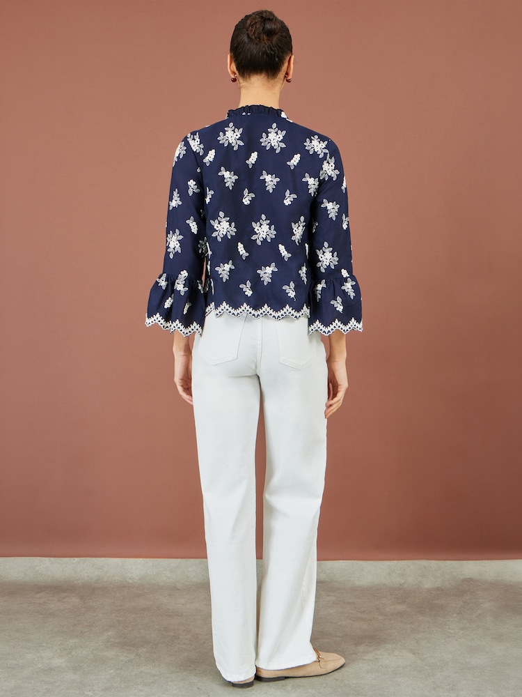 Tumši zils - Yumi Cotton Fluted Sleeve Broderie Shirt - Attēls 5 no 5