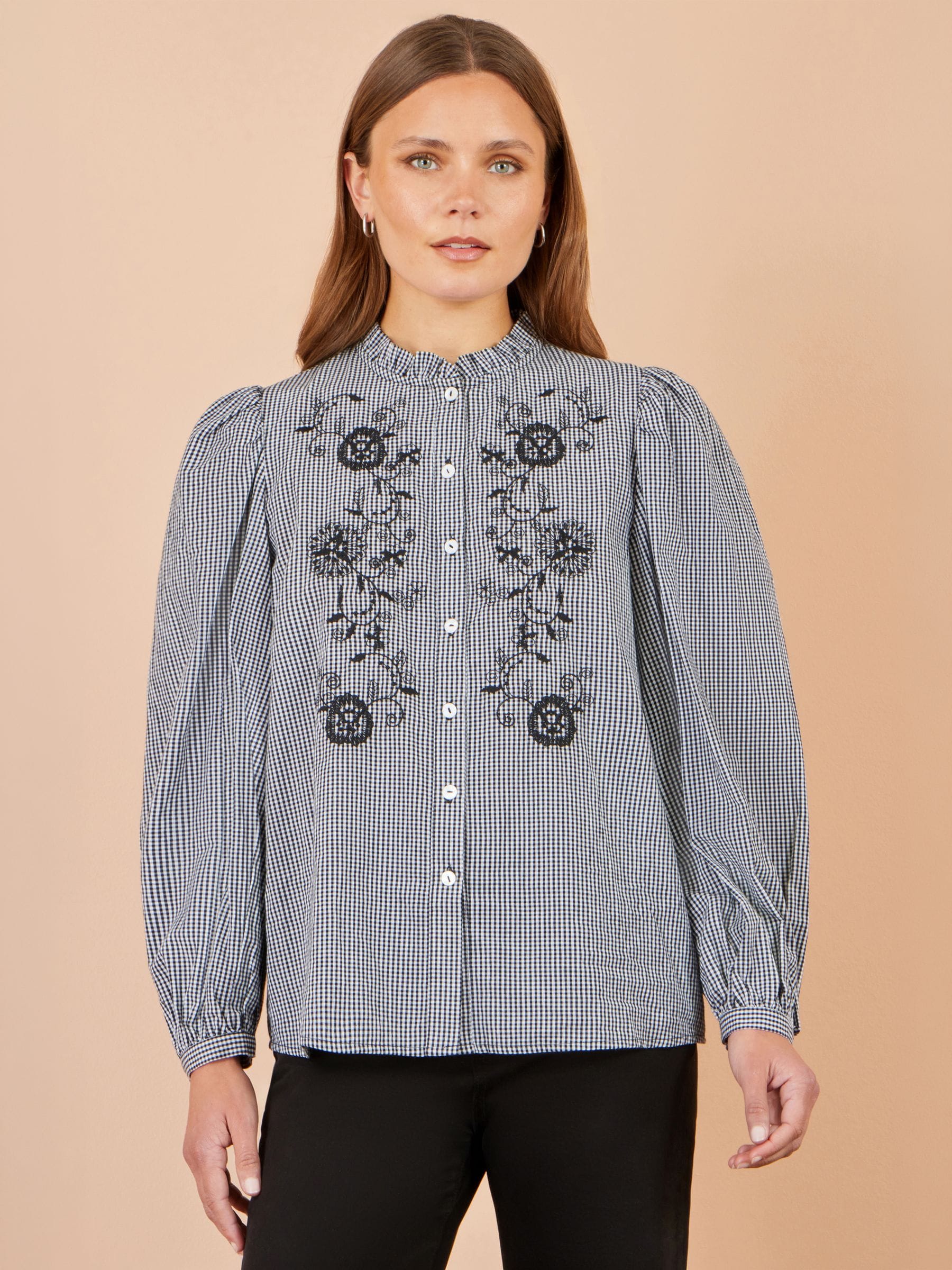 Yumi Women's Black Cotton Gingham Embroidered Shirt In Small - Image 1