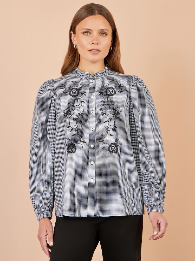 Yumi Black Cotton Gingham Embroidered Shirt - Image 1 of 5 Yumi Black Cotton Gingham Embroidered Shirt - Image 1 of 5