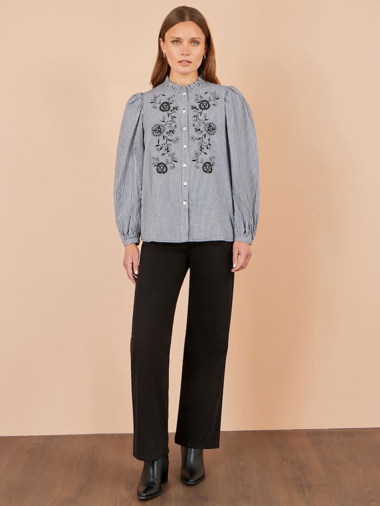 Yumi Black Cotton Gingham Embroidered Shirt - Image 2 of 5 Yumi Black Cotton Gingham Embroidered Shirt - Image 2 of 5
