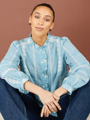 Yumi Blue Cotton Embroidered Panel Shirt - Image 1 of 5