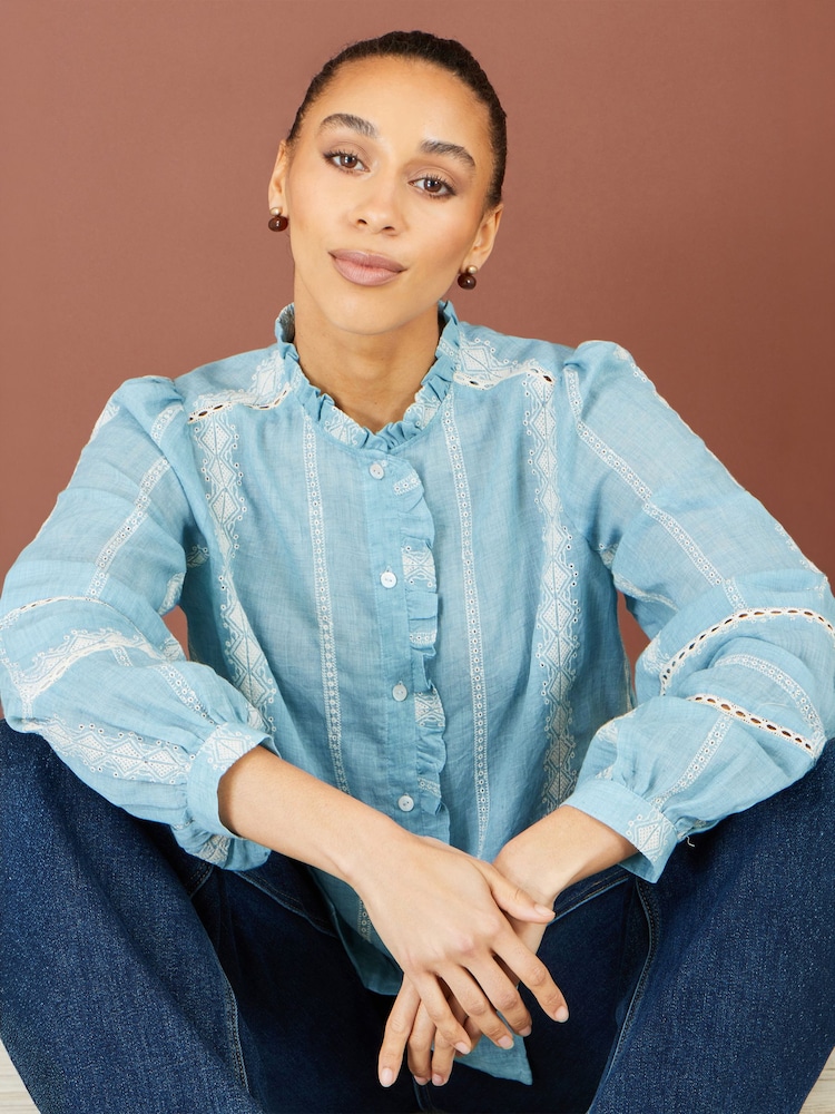 Yumi Blue Cotton Embroidered Panel Shirt - Image 1 of 5 Yumi Blue Cotton Embroidered Panel Shirt - Image 1 of 5