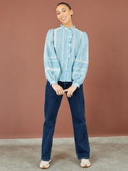 Yumi Blue Cotton Embroidered Panel Shirt - Image 2 of 5