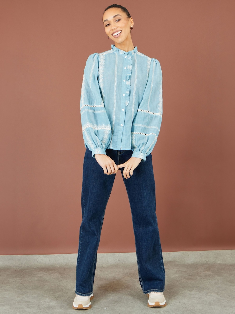 Yumi Blue Cotton Embroidered Panel Shirt - Image 2 of 5 Yumi Blue Cotton Embroidered Panel Shirt - Image 2 of 5