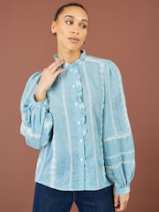 Yumi Blue Cotton Embroidered Panel Shirt - Image 4 of 5