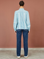 Yumi Blue Cotton Embroidered Panel Shirt - Image 5 of 5