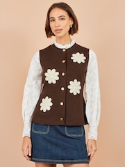 Yumi Brown Flower Appliqué Knit Waistcoat - Image 1 of 4
