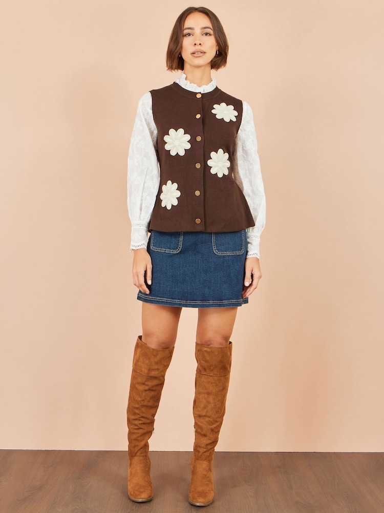 Yumi Brown Flower Appliqué Knit Waistcoat - Image 2 of 4
