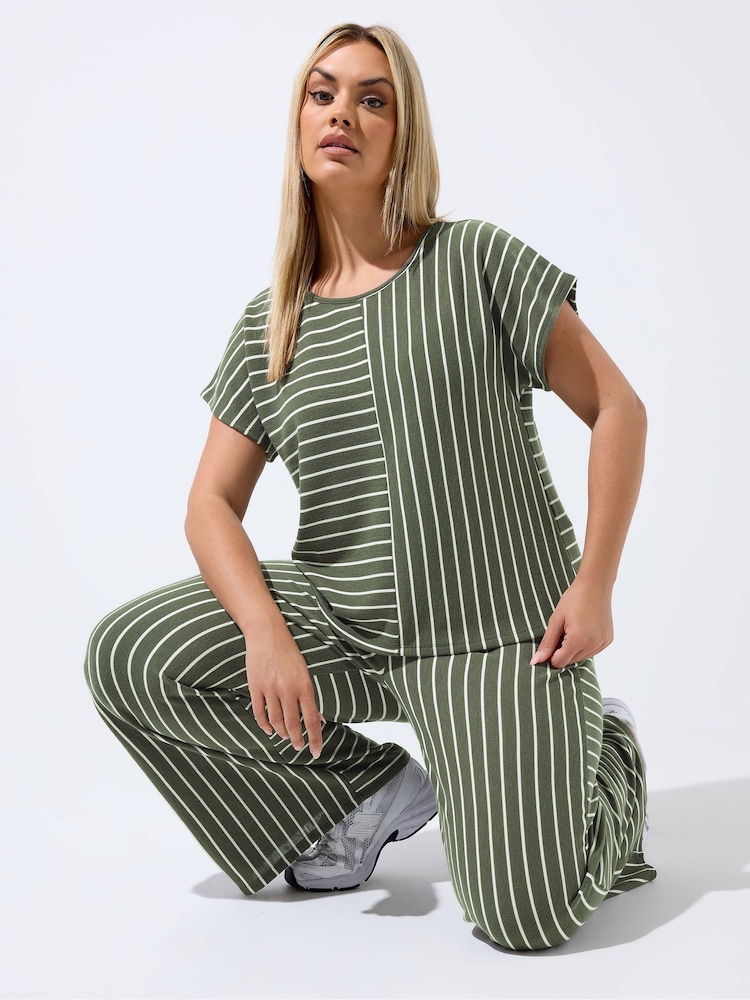 Yours Curve Green Limited 2 Way Stripe T-Shirt - Image 1 of 5 Yours Curve Green Limited 2 Way Stripe T-Shirt - Image 1 of 5