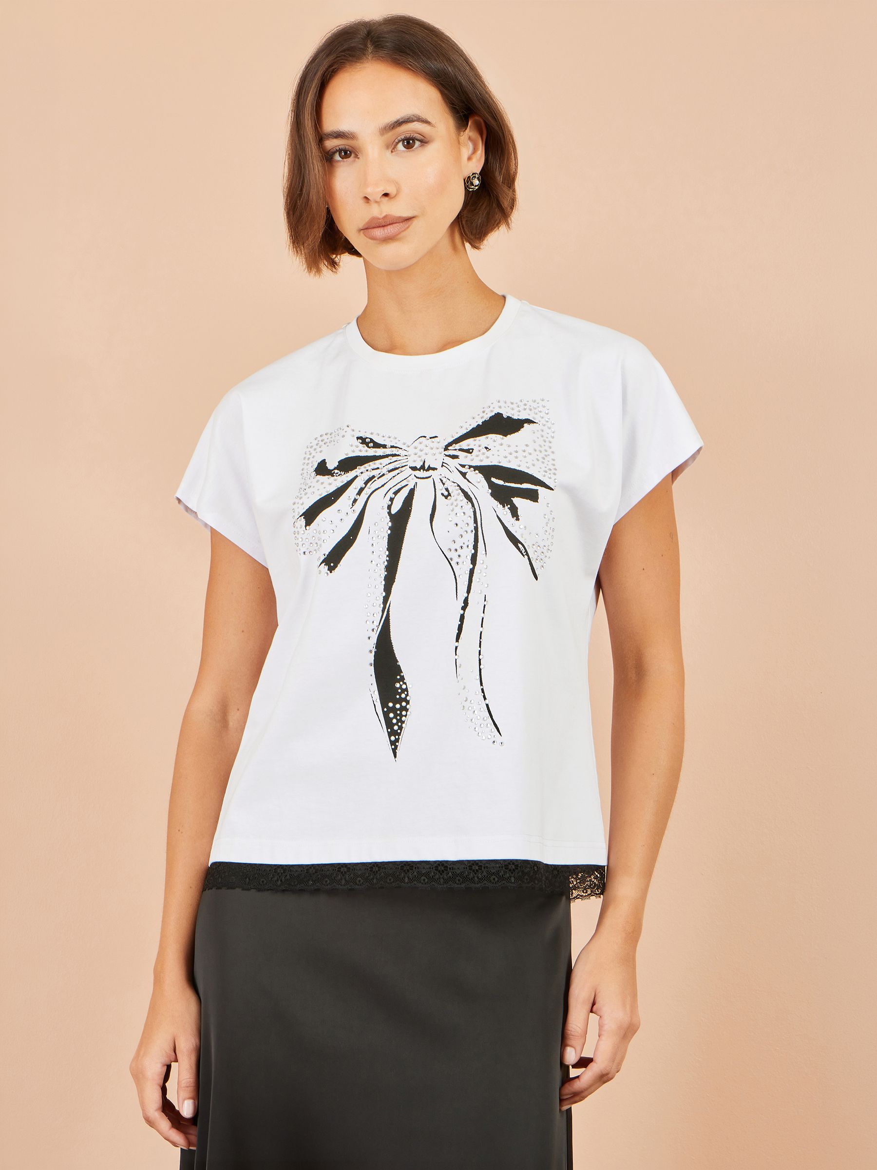 Yumi Women's White Bow T-Shirt With Lace - Image 1