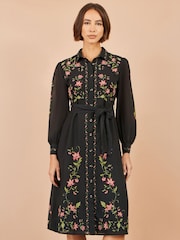 Yumi Black Floral Placement Midi Shirt Dress - Image 1 of 5