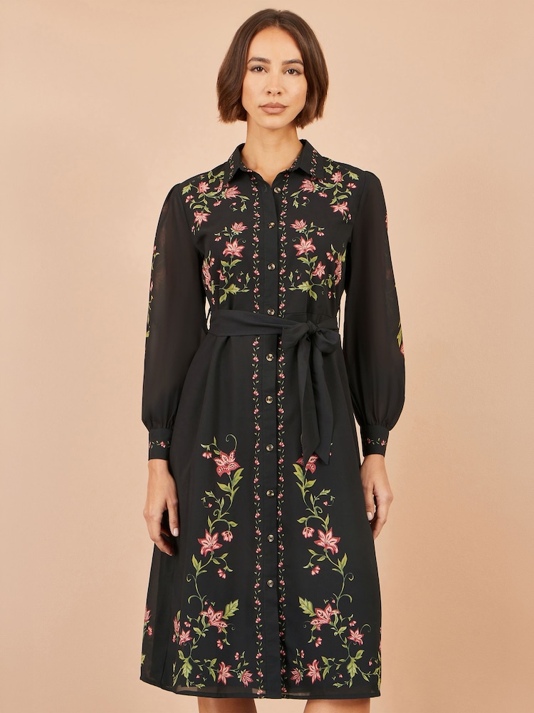 Yumi Black Floral Placement Midi Shirt Dress - Image 1 of 5 Yumi Black Floral Placement Midi Shirt Dress - Image 1 of 5