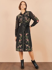 Yumi Black Floral Placement Midi Shirt Dress - Image 2 of 5