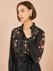 Yumi Black Floral Placement Midi Shirt Dress - Image 3 of 5