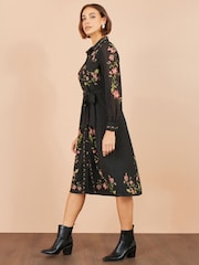 Yumi Black Floral Placement Midi Shirt Dress - Image 4 of 5