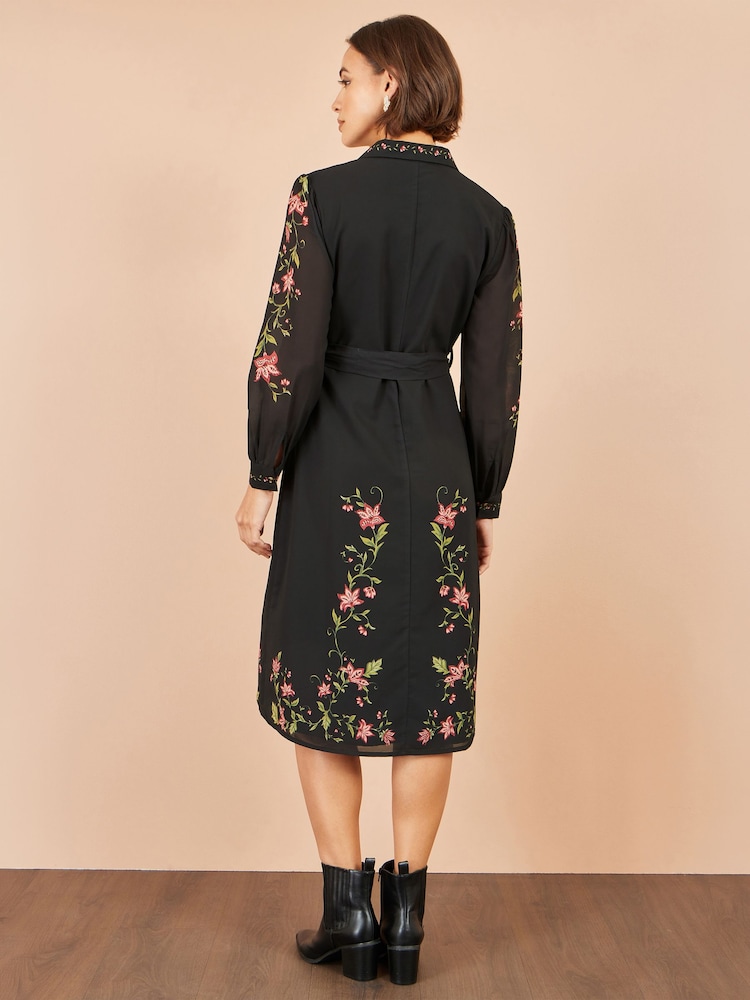 Yumi Black Floral Placement Midi Shirt Dress - Image 5 of 5 Yumi Black Floral Placement Midi Shirt Dress - Image 5 of 5