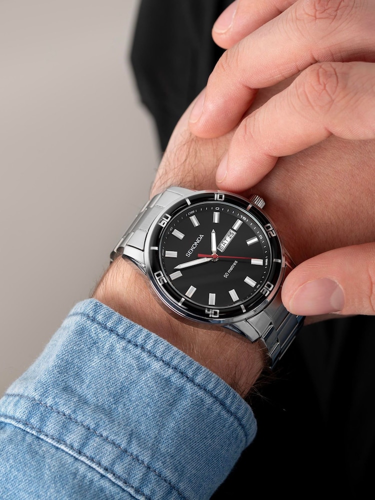 Sekonda Mens Midnight 44mm Analogue Silver Tone Watch With Case And Stainless Steel Bracelet With Black Dial - Image 1 of 6 Sekonda Mens Midnight 44mm Analogue Silver Tone Watch With Case And Stainless Steel Bracelet With Black Dial - Image 1 of 6